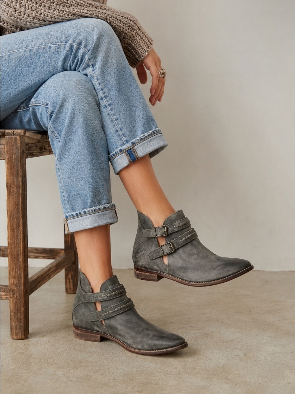 Free People Braeburn Double Buckle Ankle Boots Gray Distressed Leather Size 37